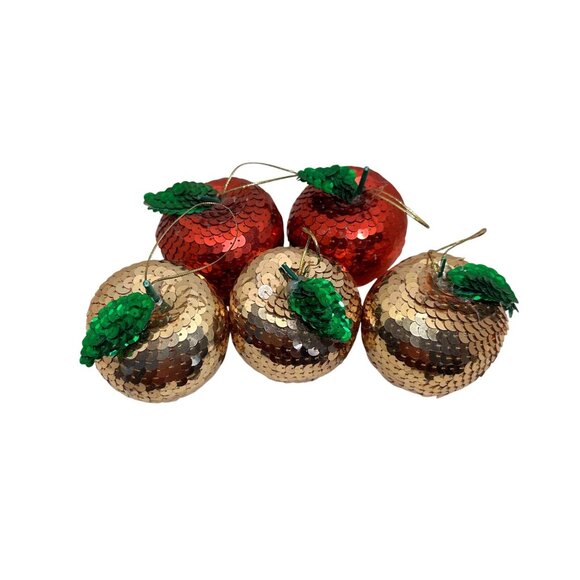 Handmade Vintage Sequin Apple Christmas Ornaments Set Of 5 Gold & Red - Picture 1 of 16